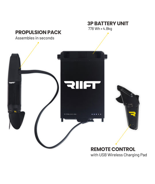 A black RIIFT 3P battery unit with a propulsion pack and remote control, shown on a white background with yellow callout lines and text labels.