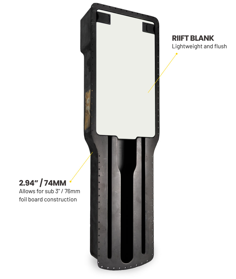 RIIFT Tracks shown on a light gray background with callout text reading 'RIIFT BLANK' and '2.94" / 74MM allows for sub 3" / 76mm foil board construction'.