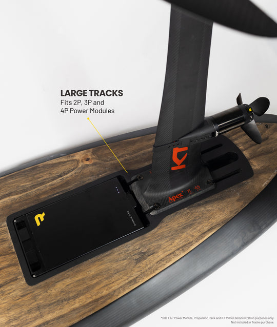 Close-up of a Sunova RIIFT-enabled foilboard with a black mast, propulsion kit and RIIFT power module.